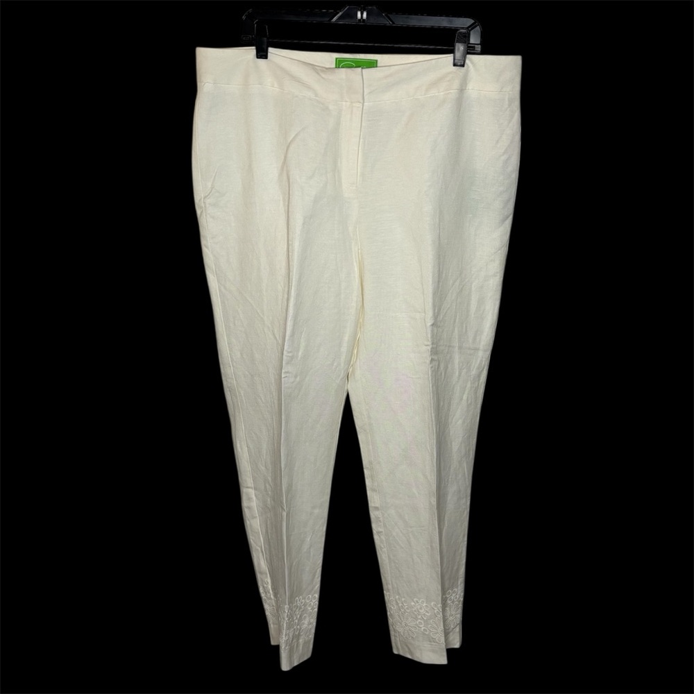 Pappagallo Pants Women’s 16 White Linen Blend Ankle Cropped Embroidered Hem NWT